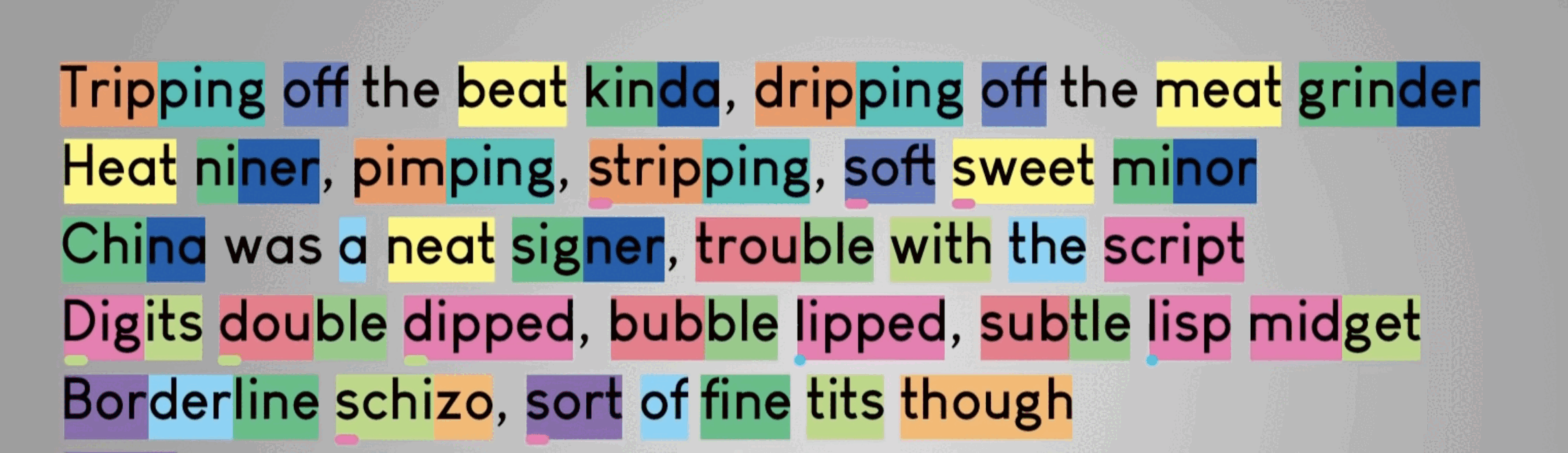 Color-coded rhyme scheme from the opening of MF DOOM’s ‘Meat Grinder’, showing multisyllabic and internal rhymes.